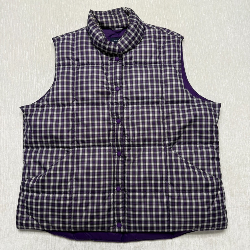Lands' End Down Puffer Vest Womens XL 18/20 Purple Plaid Snap Front Outdoor